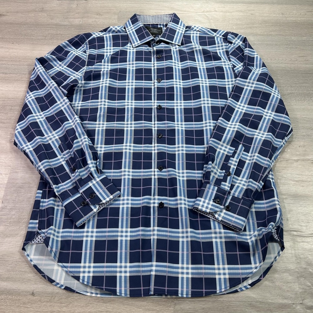 WRK Shirt Mens 16.5 34/35 Blue Plaid 4-Way Stretch Dress Button Up Long Sleeve‎